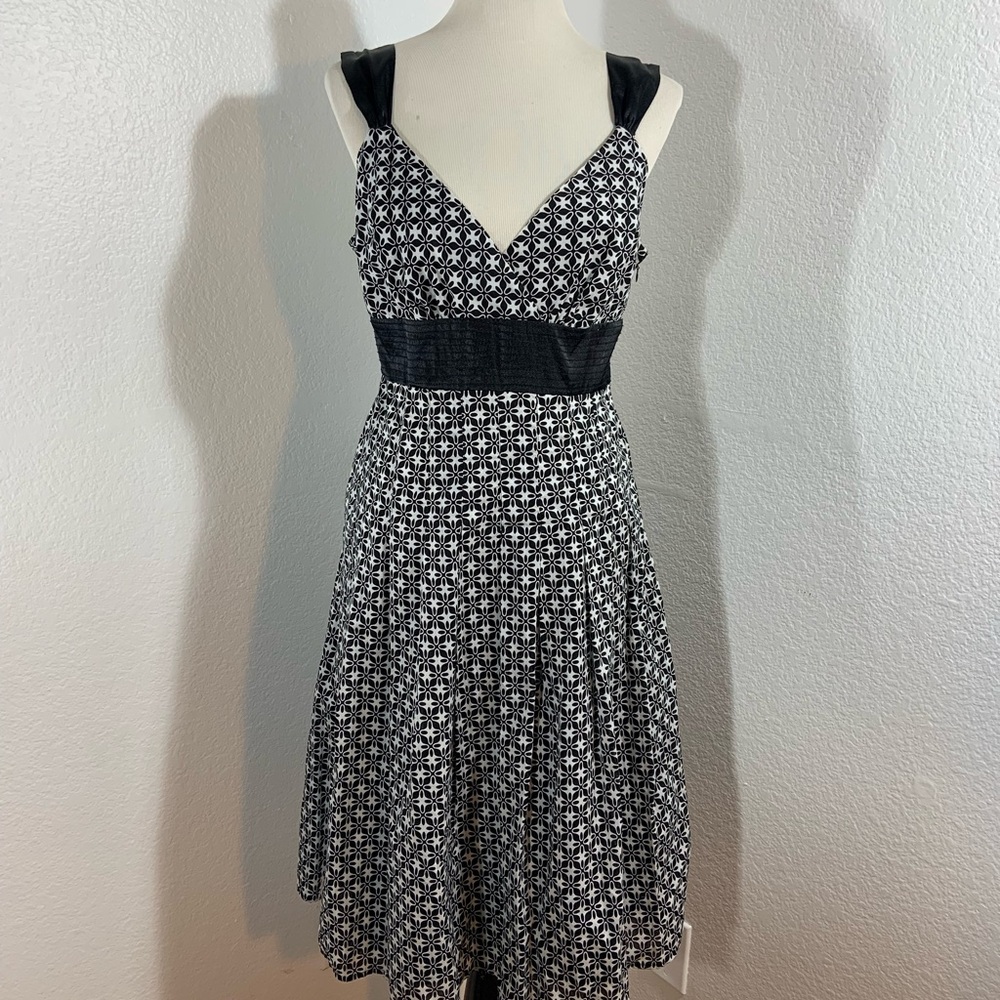 🌹New List🌹NWT Vintage 1990s AB Studio Black & White Geometric Pattern Midi Dress